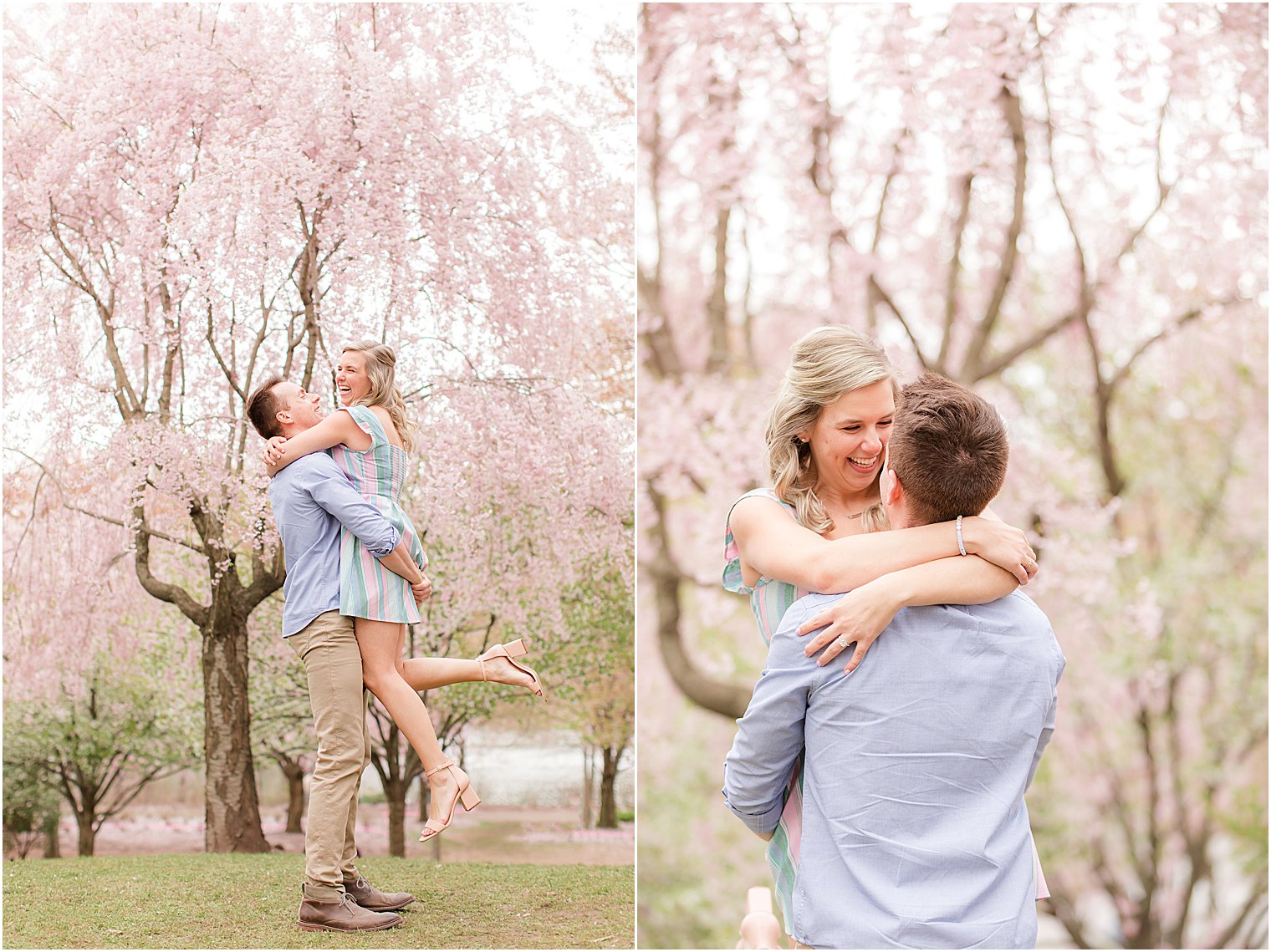 spring engagement portraits by cherry blossom trees in Branch Brook Park