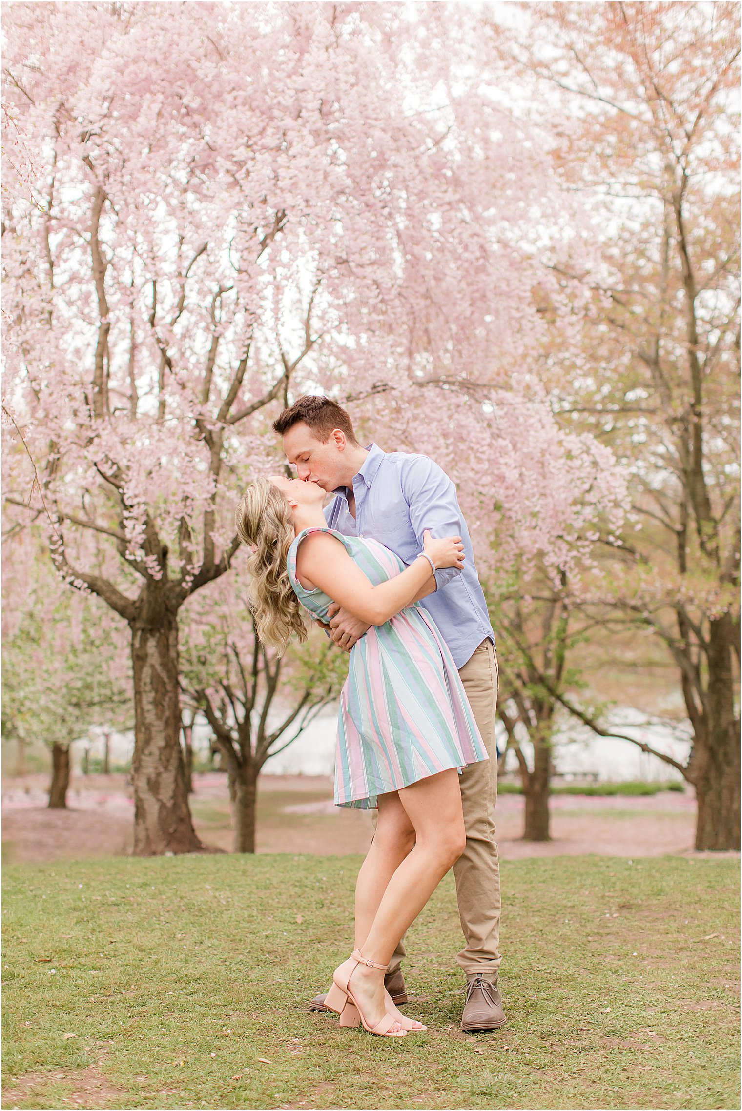 groom kisses bride dipping her during spring engagement session at Branch Brook Park