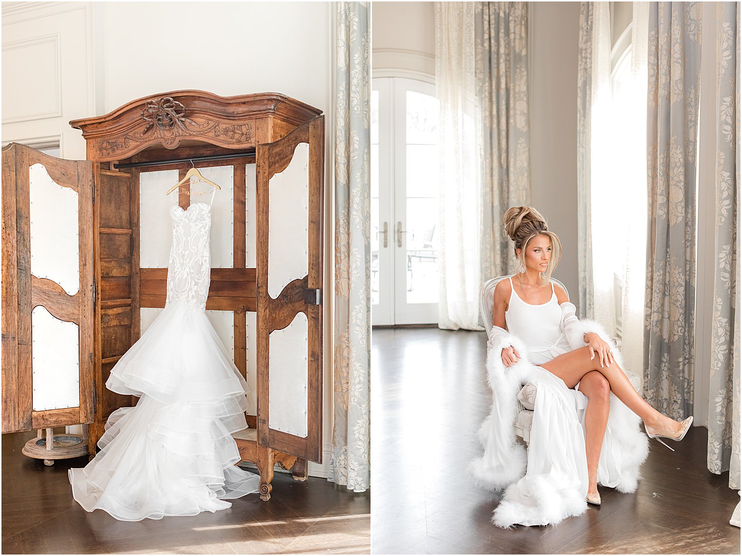 bride sits by window in robe at Park Chateau Estate 