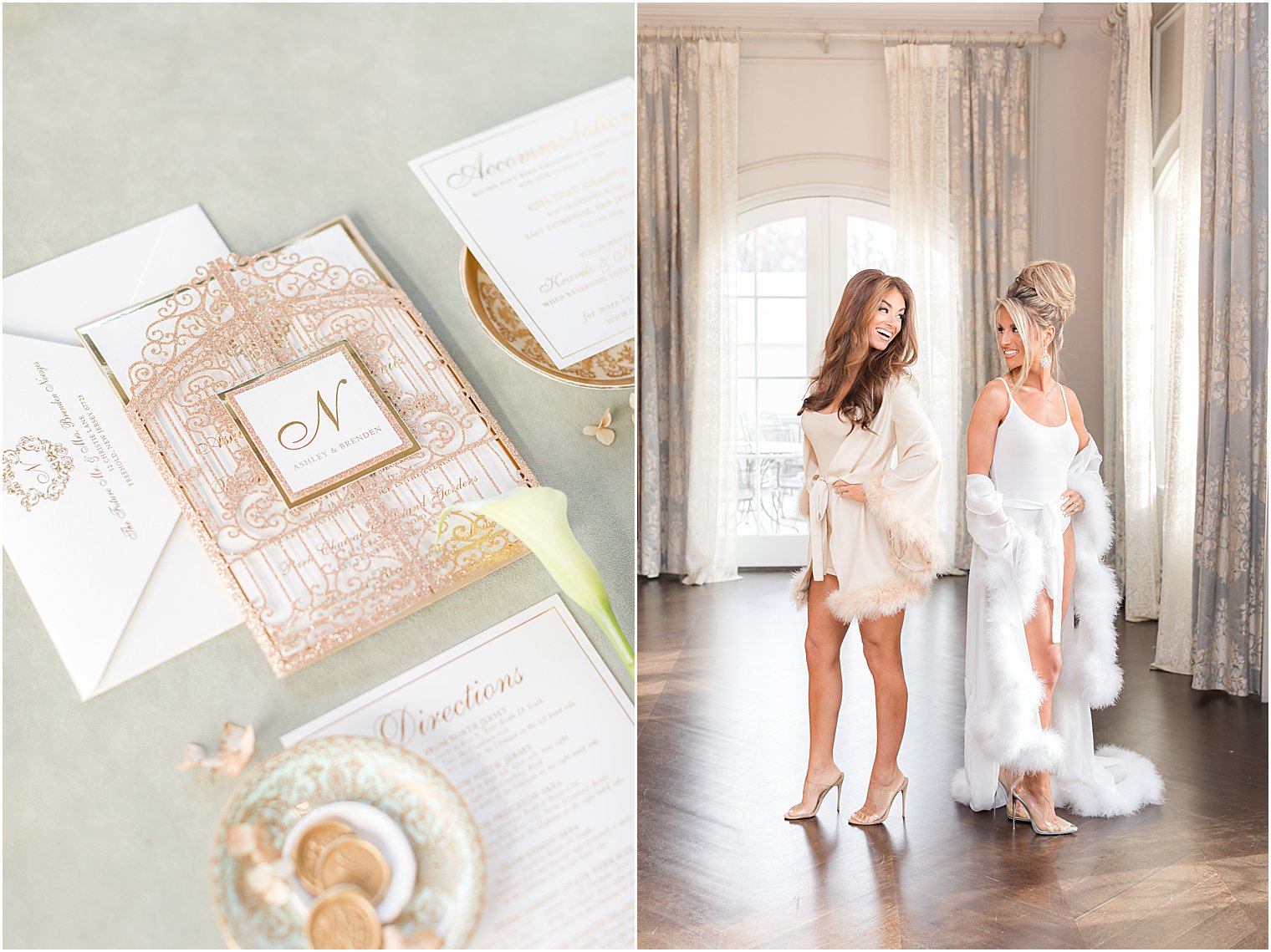 bride looks at sister in robe with furry edges in bridal suite at Park Chateau Estate 