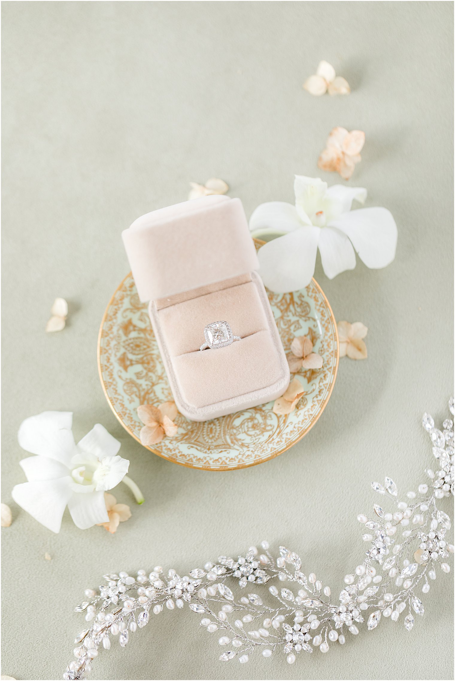 wedding ring sits in pale pink box before NJ wedding day