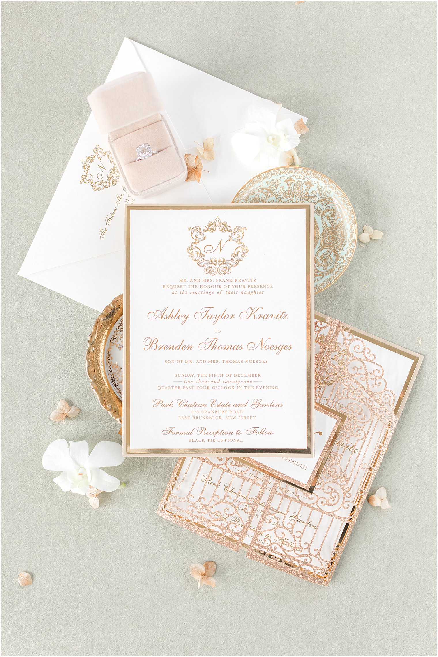 elegant gold and white invitation suite for winter Park Chateau Estate wedding