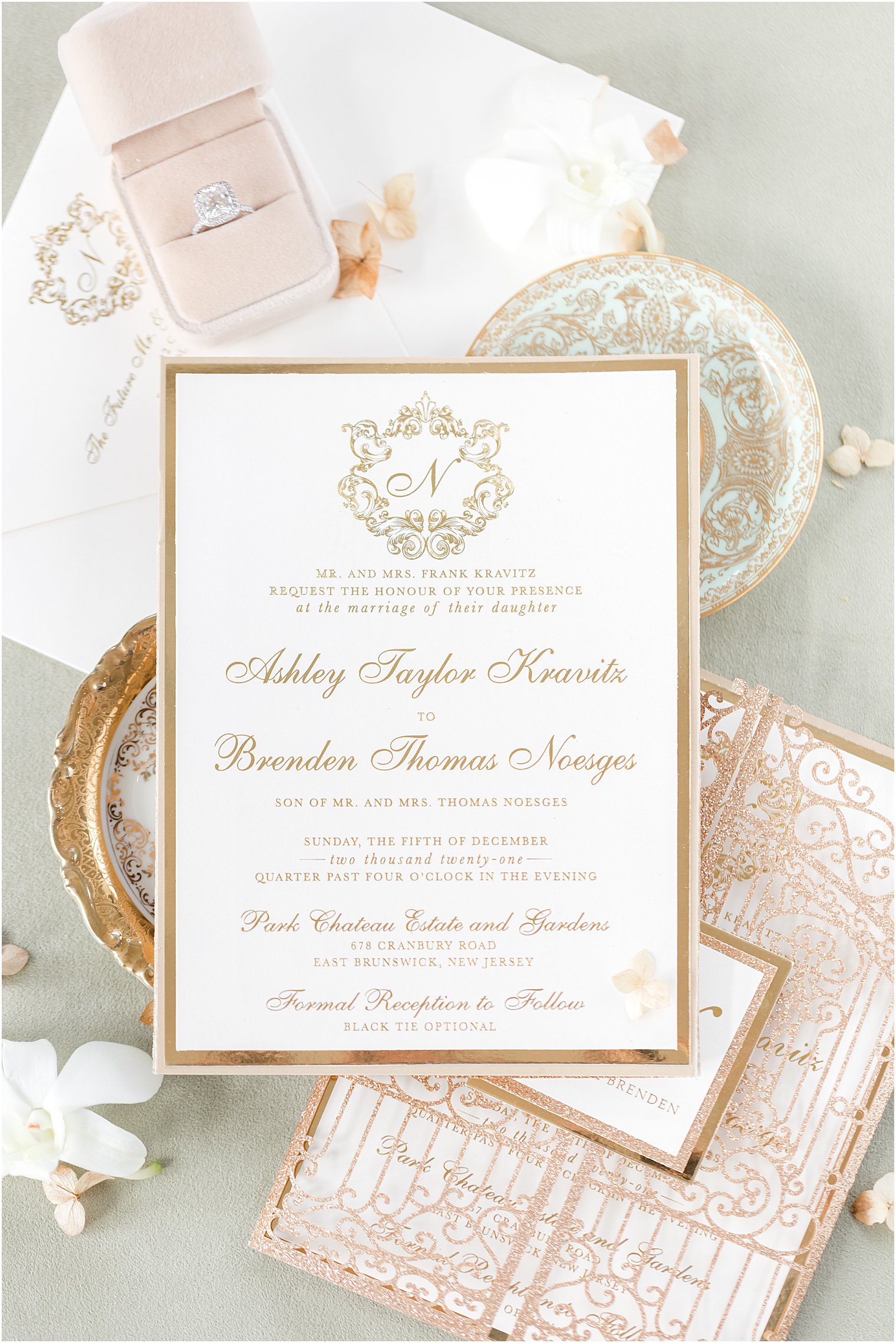 gold and white invitation suite for winter Park Chateau Estate wedding