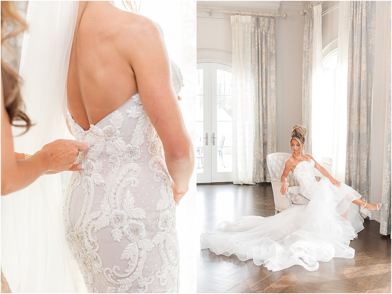 bride poses in chair of bridal suite at Park Chateau Estate with wedding gown around her