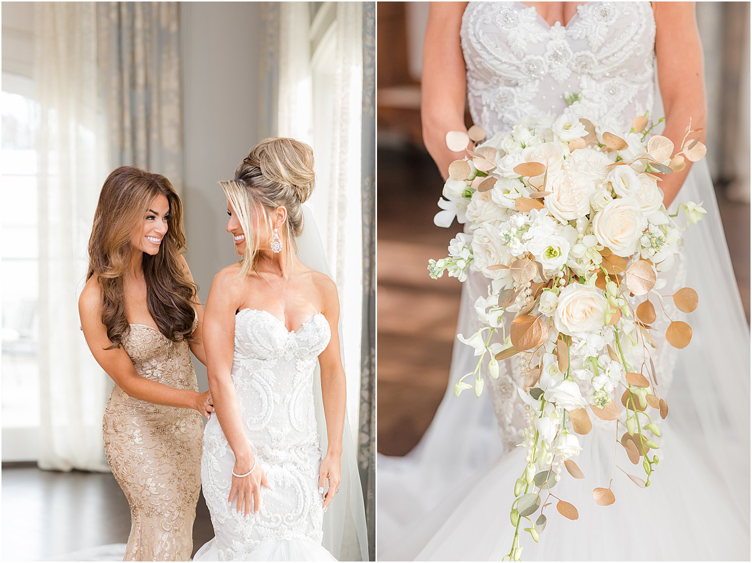 sister helps bride with wedding gown before winter wedding