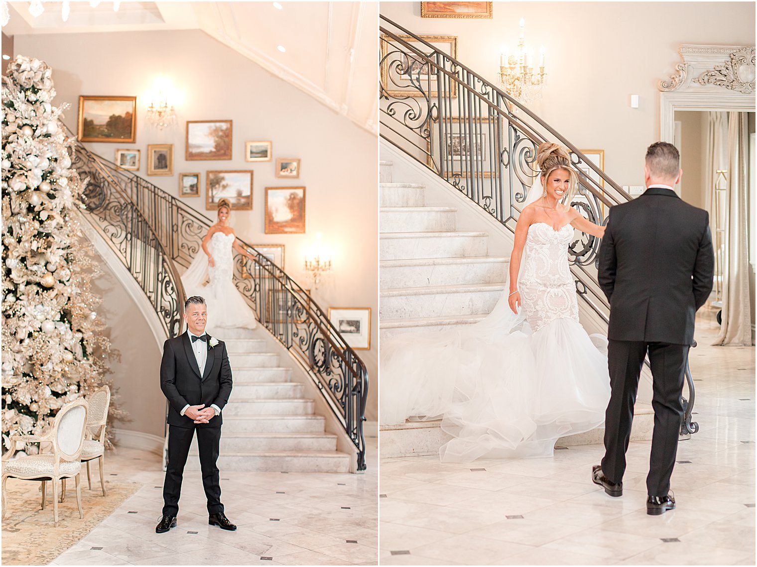 bride approaches dad for first look at Park Chateau Estate 