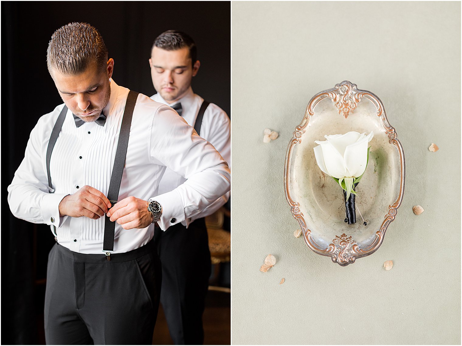 groom prepares for wedding day with groomsman 