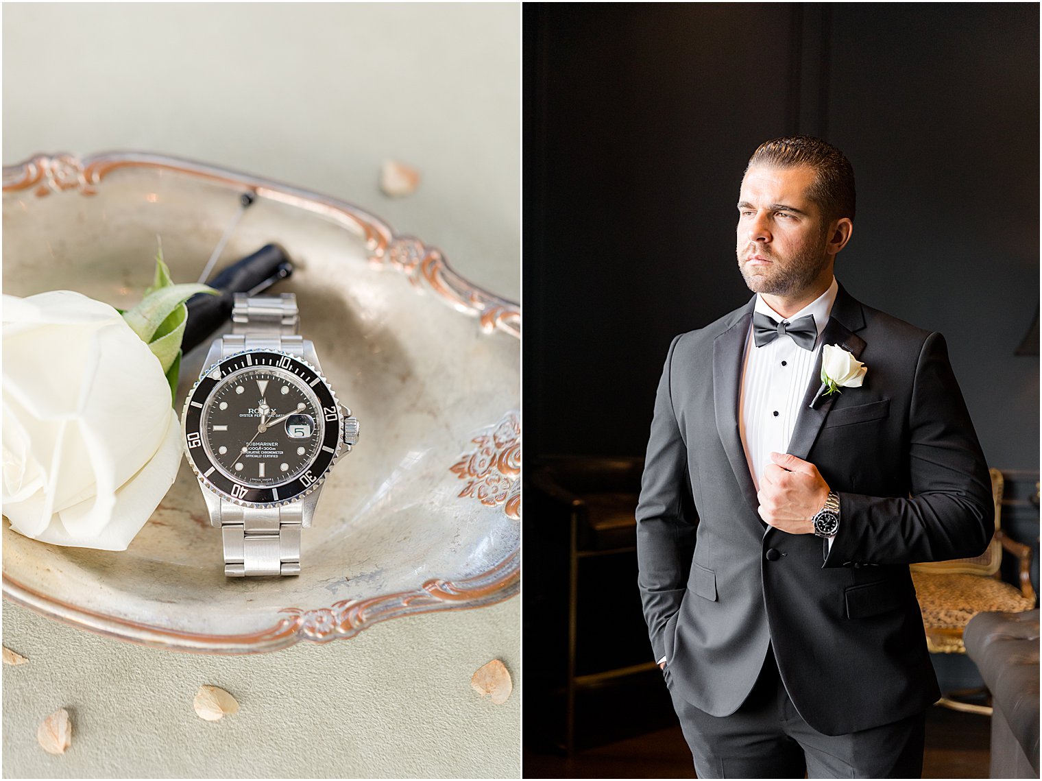 groom holds lapel of suit jacket showing off new watch