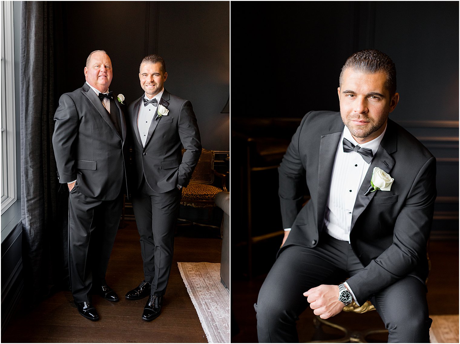 groom and dad pose by window in groom's suite at Park Chateau Estate 