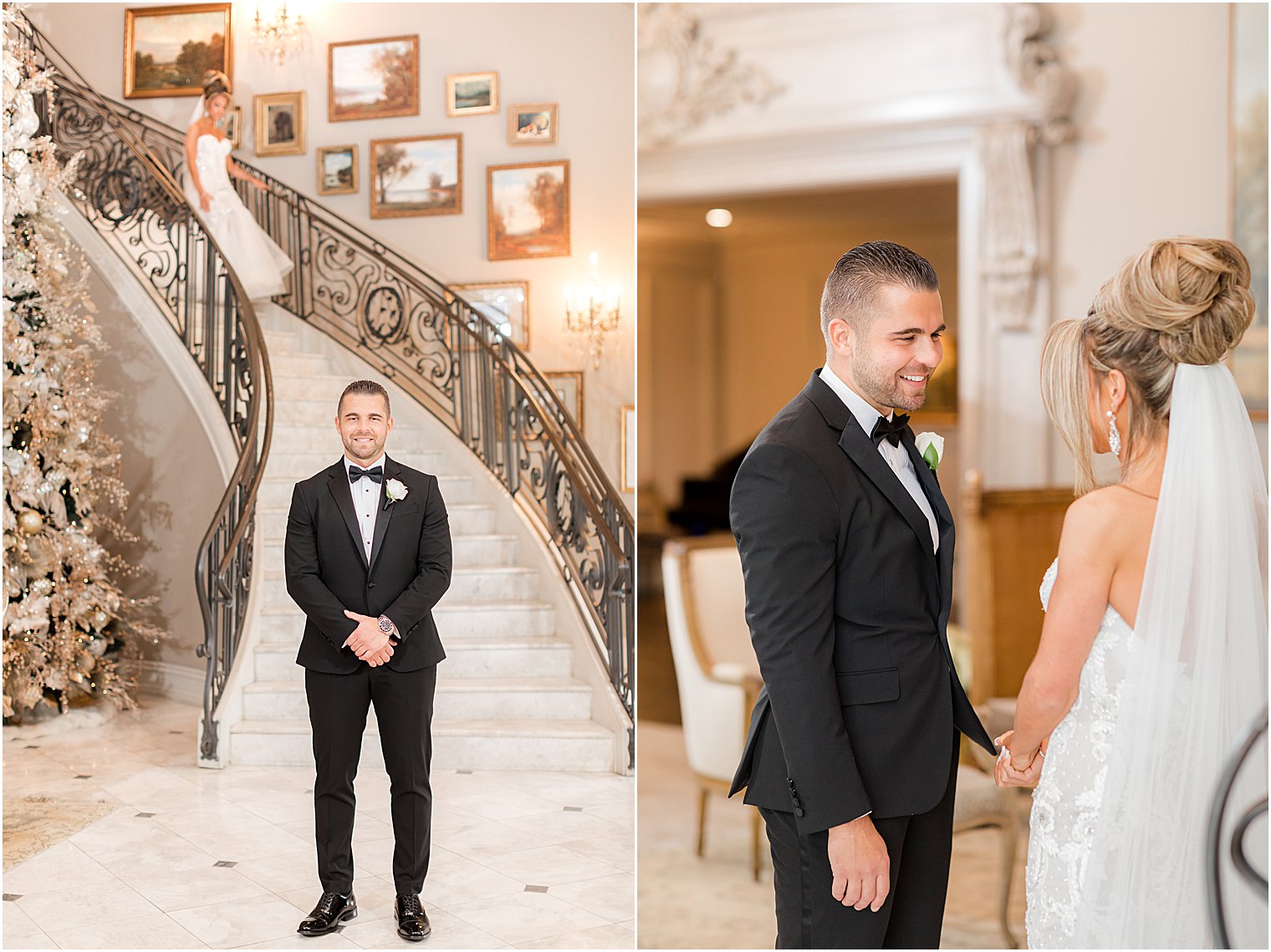 bride approaches groom for first look on staircase at Park Chateau Estate 