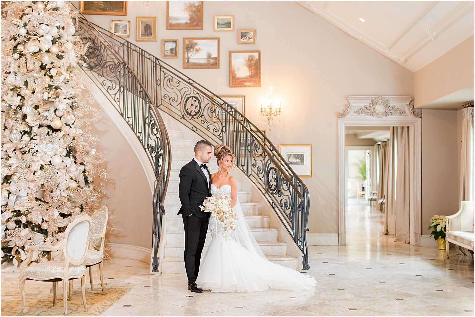 bride and groom look to the right during portraits in Park Chateau Estate 