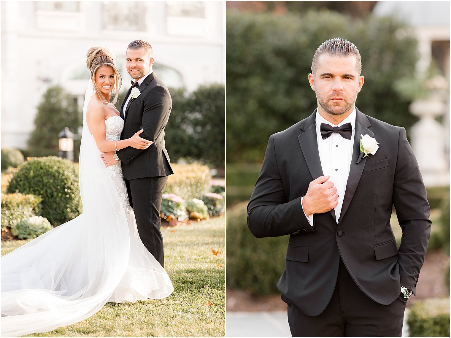 bride and groom hug in the gardens during winter Park Chateau Estate wedding portraits 