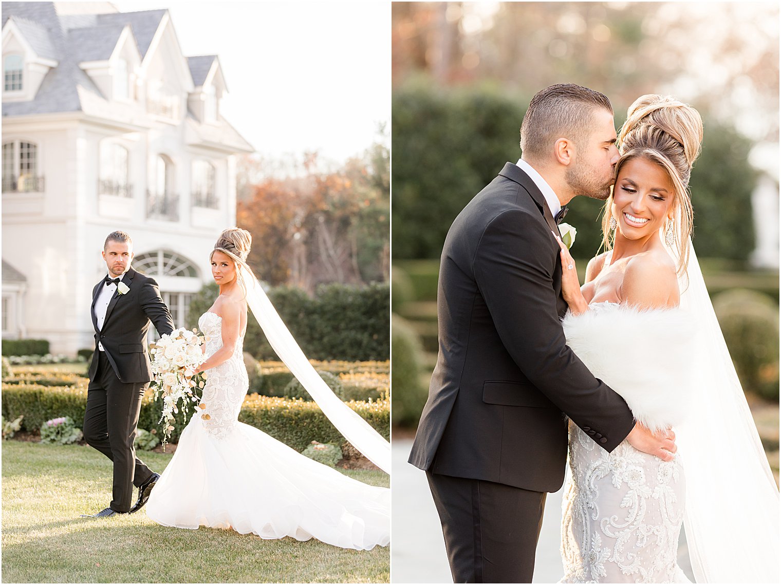 newlyweds walk through gardens at Park Chateau Estate 