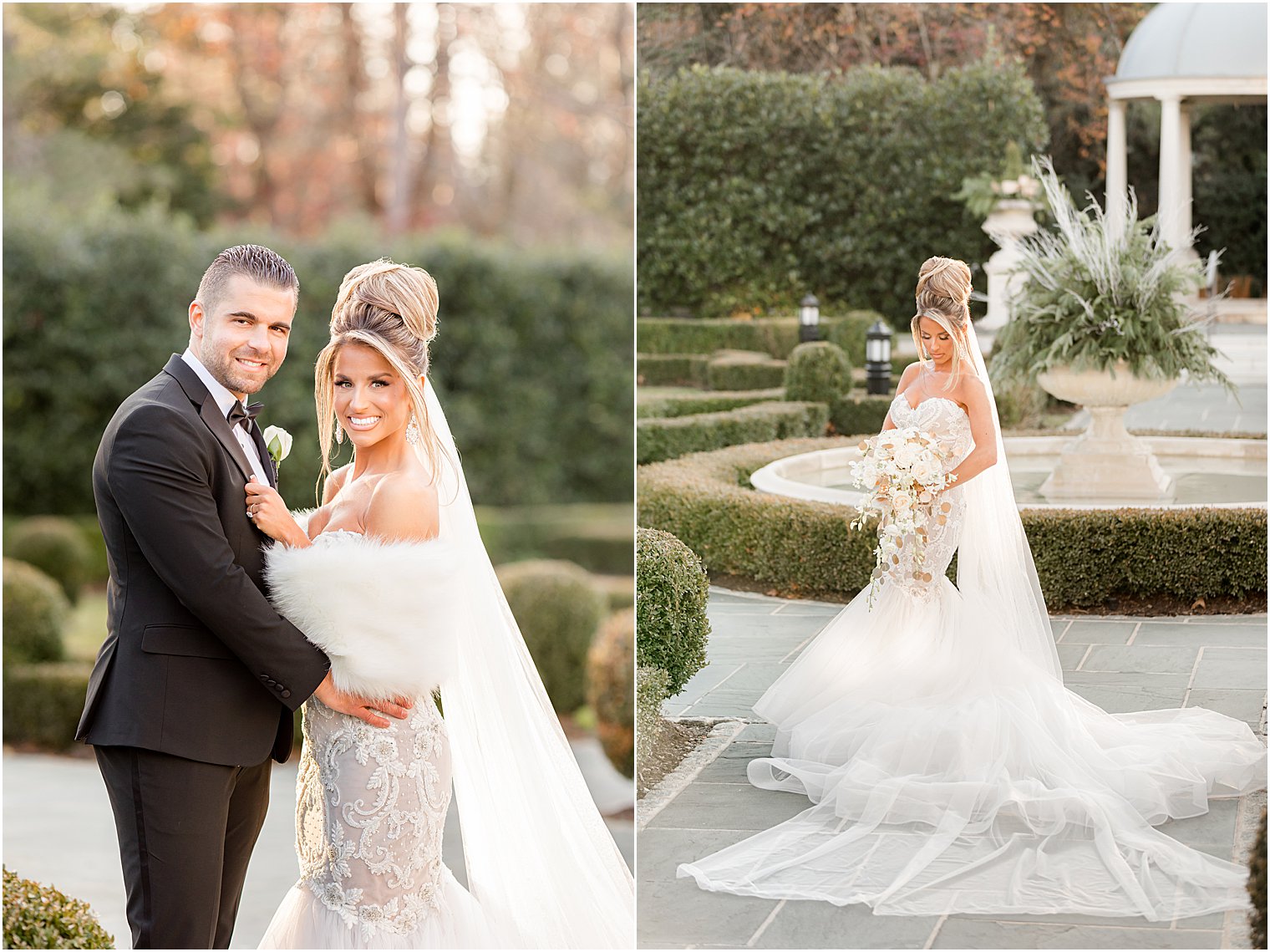 winter bridal portraits in the gardens at Park Chateau Estate 