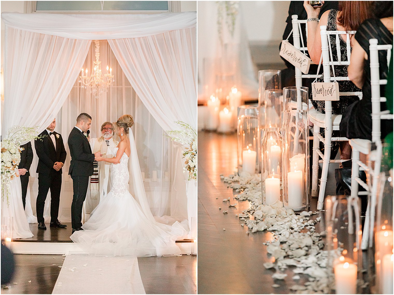 groom reads vows during winter wedding ceremony at twilight in Park Chateau Estate chapel