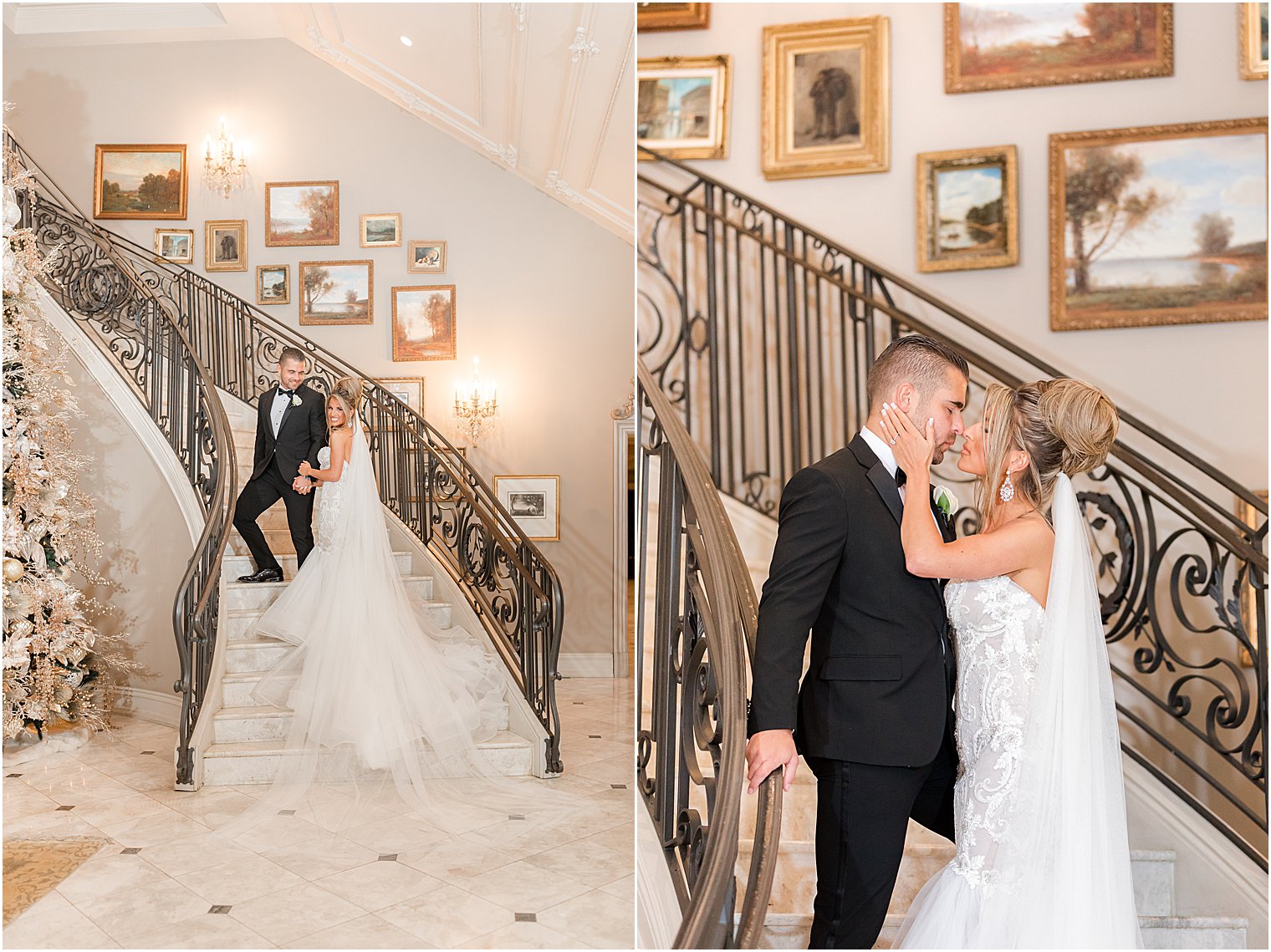 bride and groom hug on steps of Park Chateau Estate