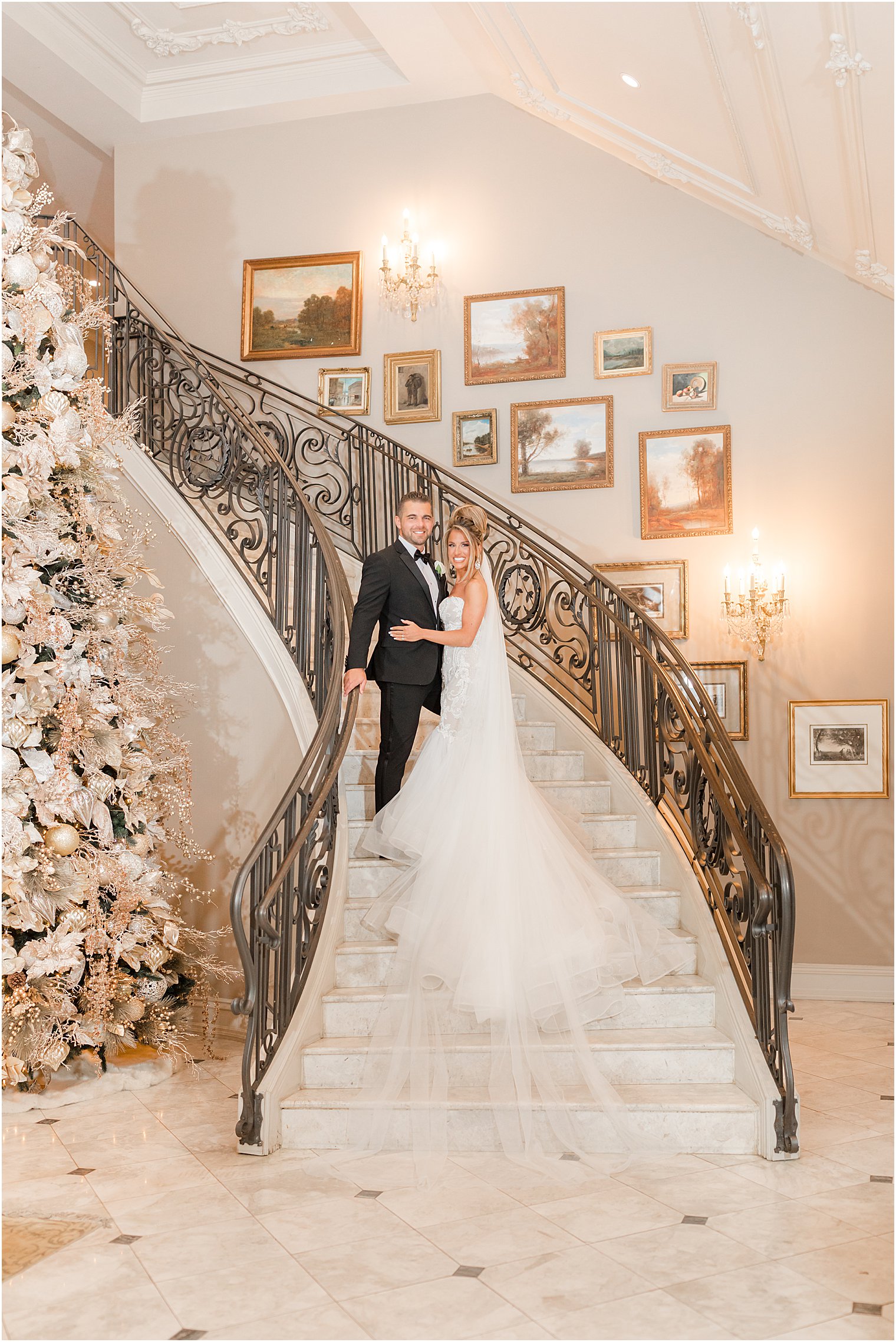 newlyweds stand on steps of Park Chateau Estate with bride's veil draped down