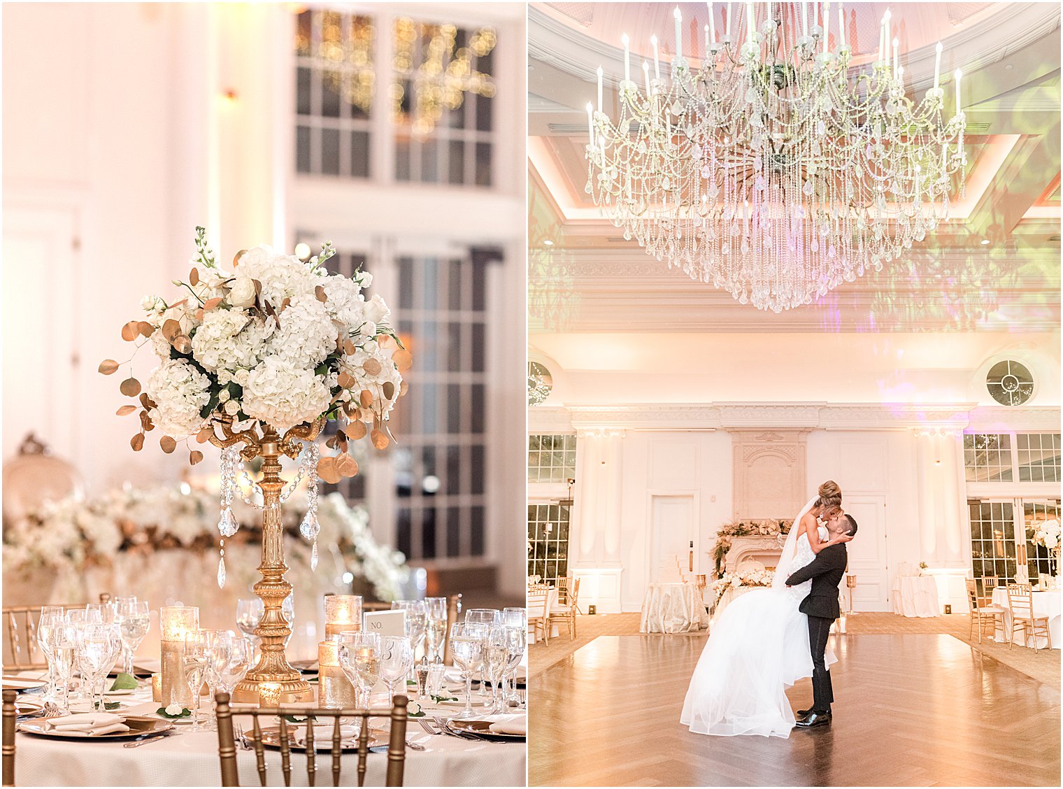 bride and groom kiss in ballroom at Park Chateau Estate