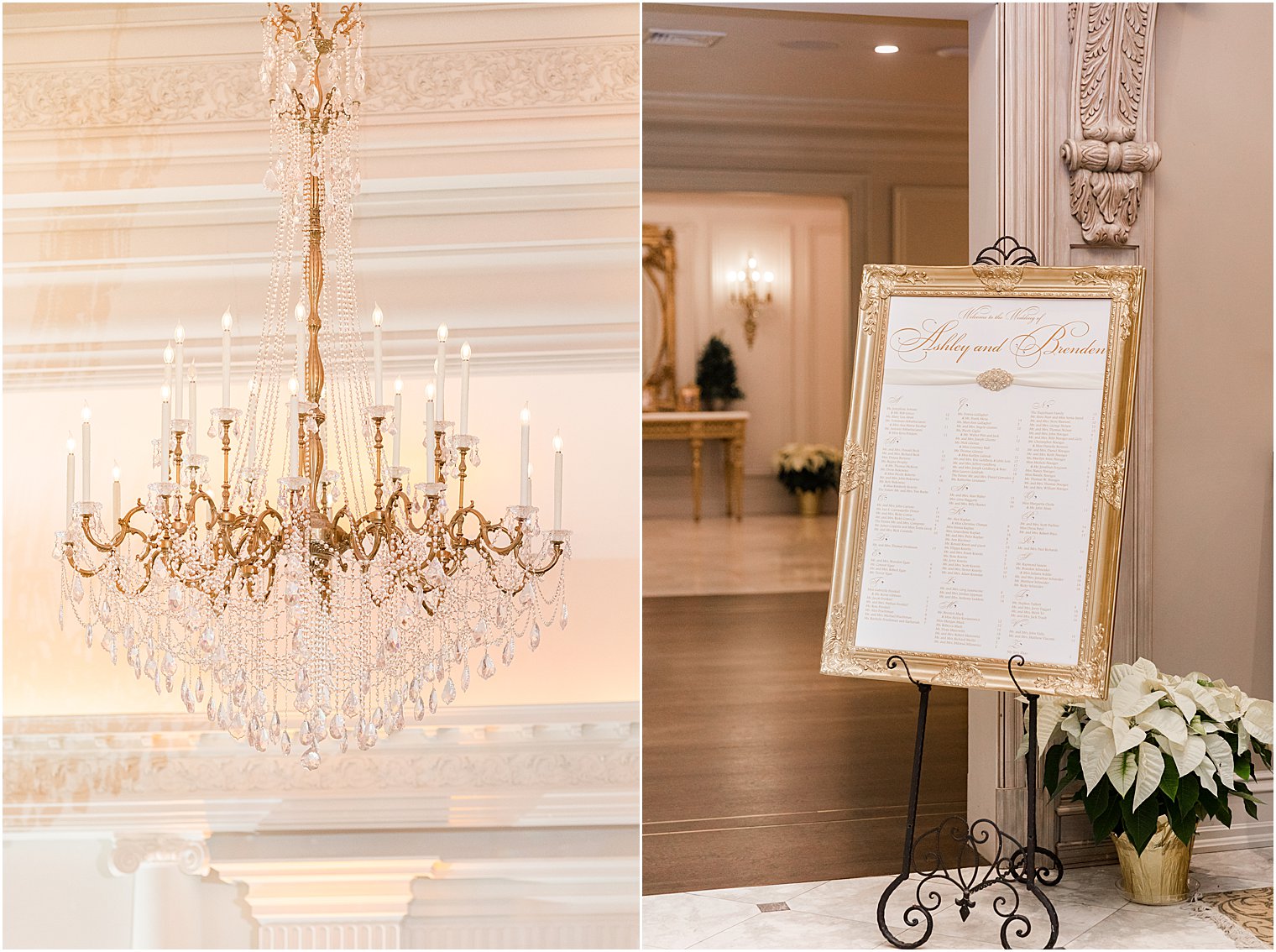 gold framed seating chart for Park Chateau Estate wedding reception 
