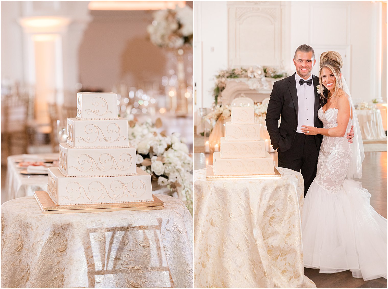 newlyweds pose by wedding cake during East Brunswick NJ wedding reception