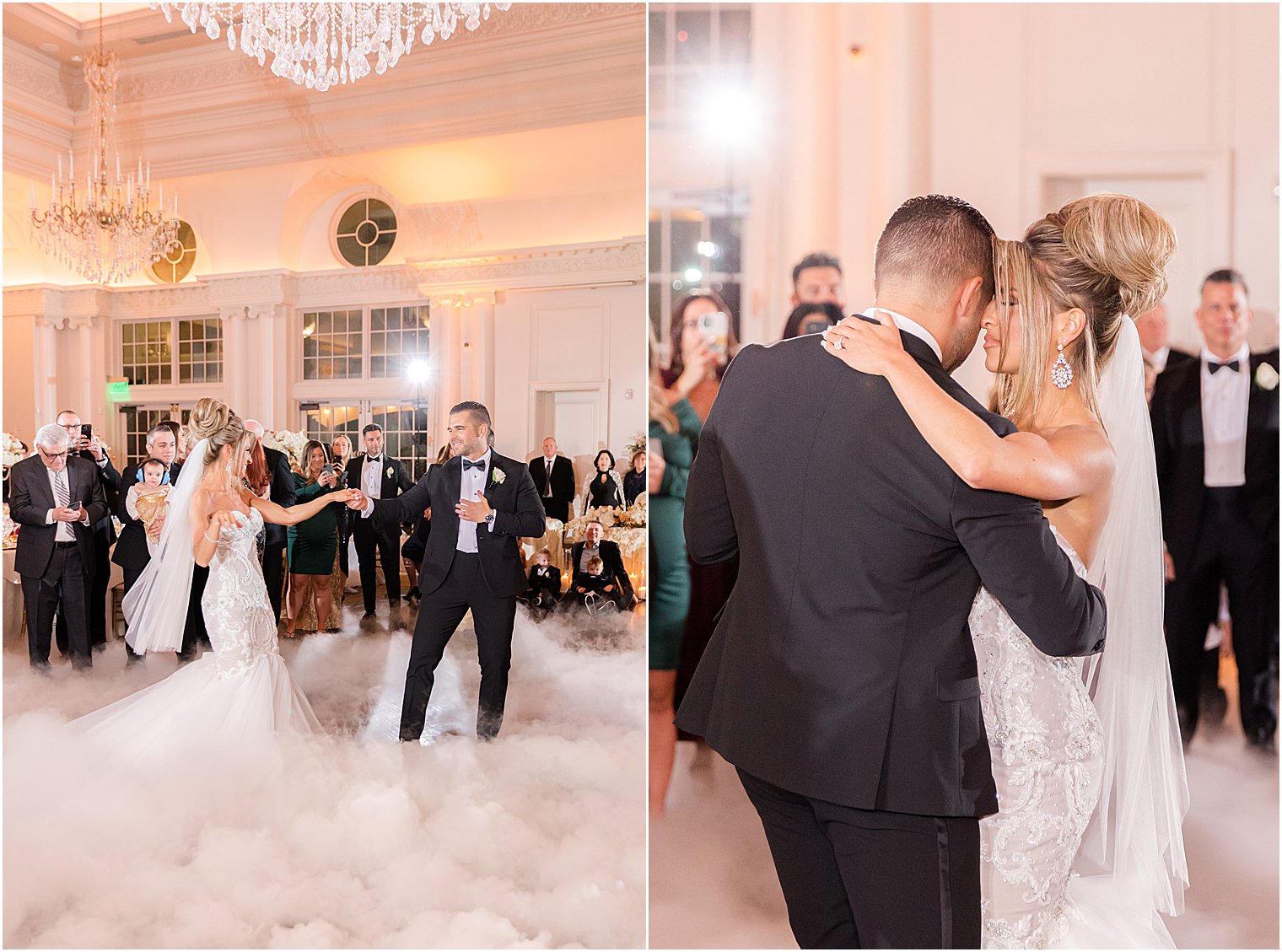 bride and groom have first dance with smoke around their legs at East Brunswick NJ wedding reception
