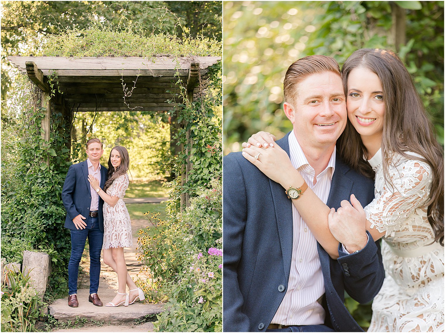 engaged couple hugs by wooden arbor at Skylands Manor