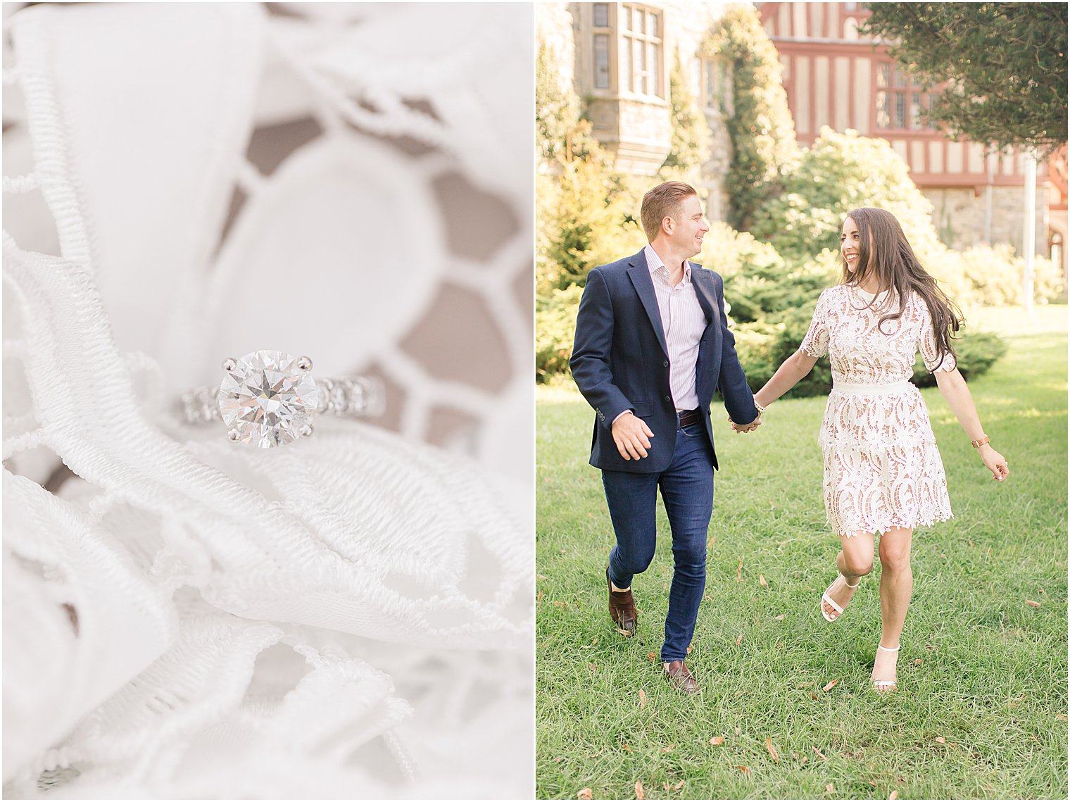 summer engagement session with ring on white lace at Skylands Manor