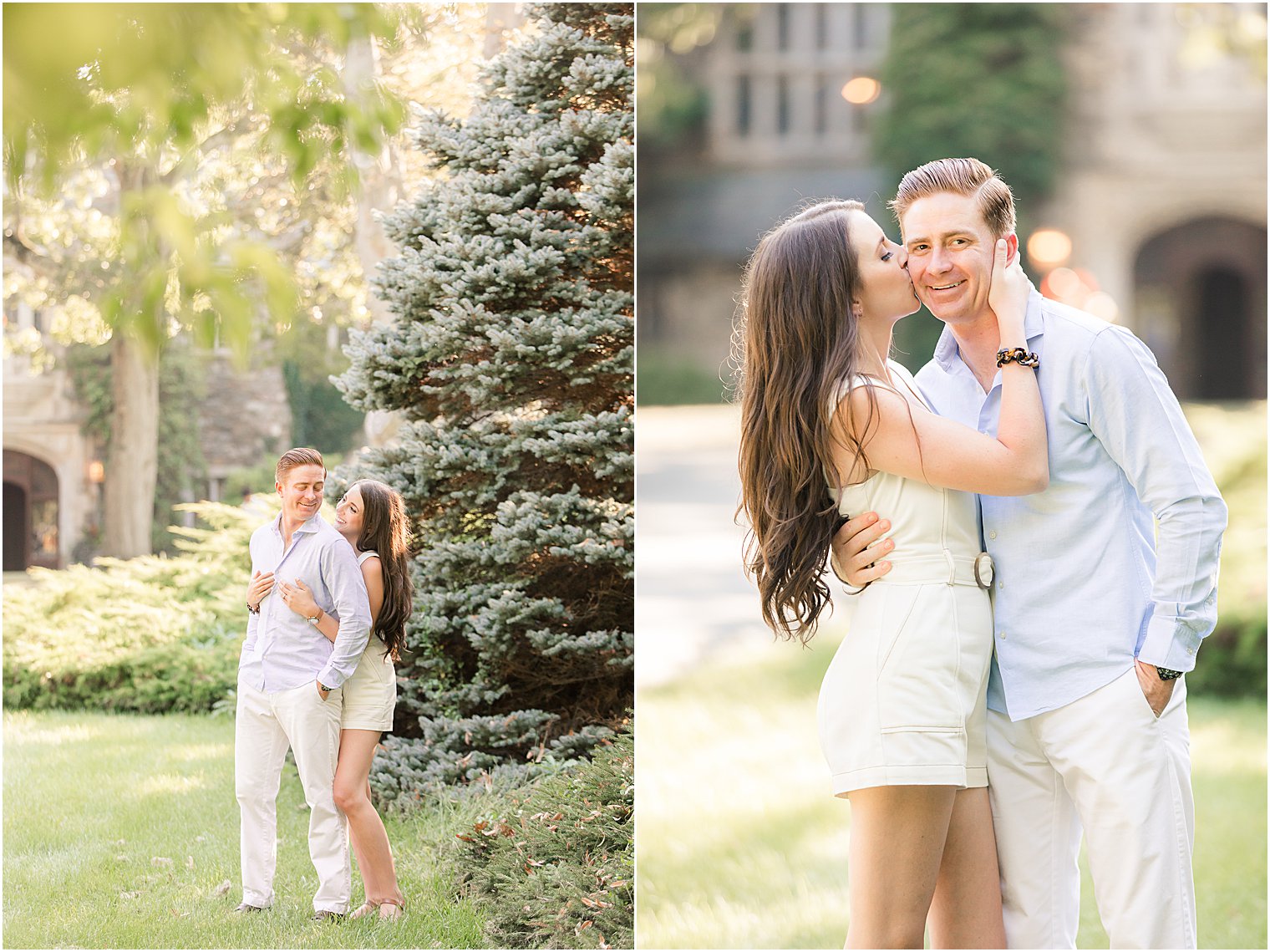 bride kisses groom's cheek during Skylands Manor engagement photos