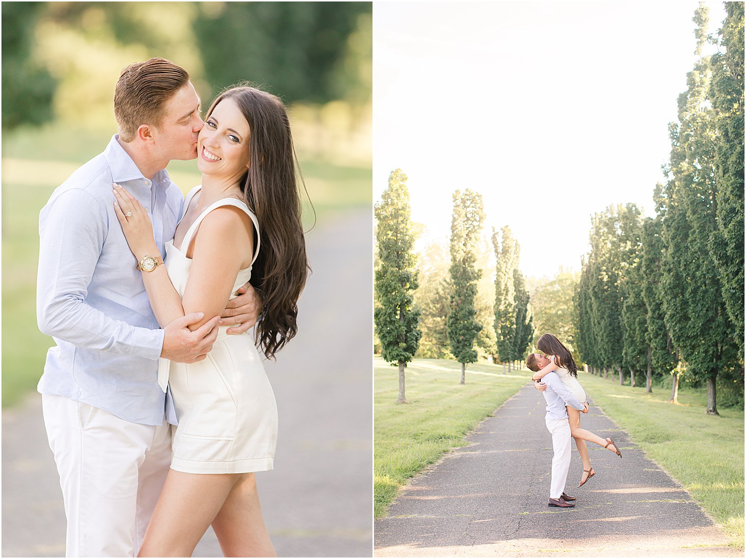 groom kisses bride's cheek during summer engagement session