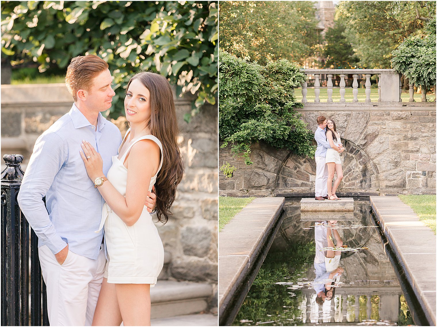 engaged couple stands by long pond in the summer