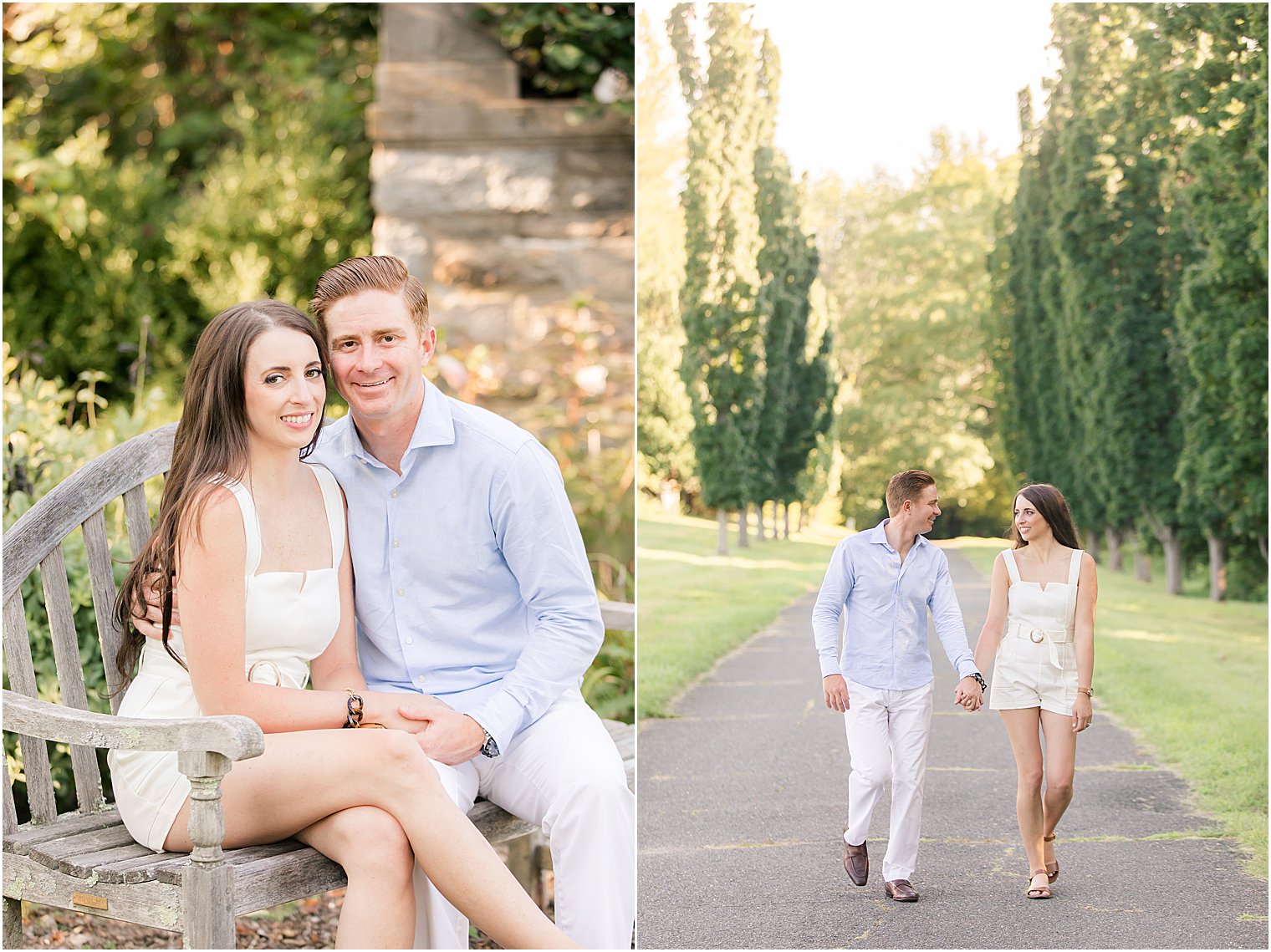 bride and groom sit on stone bench at Skylands Manor