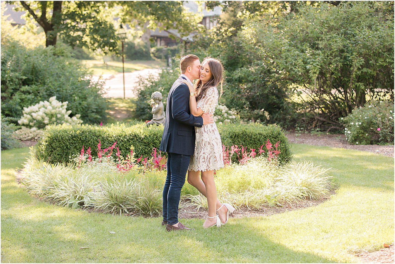 bride and groom hug during Skylands Manor engagement session