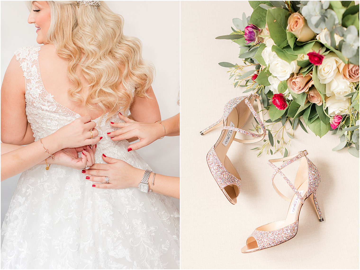 women help bride into wedding gown for Stone House at Stirling Ridge wedding