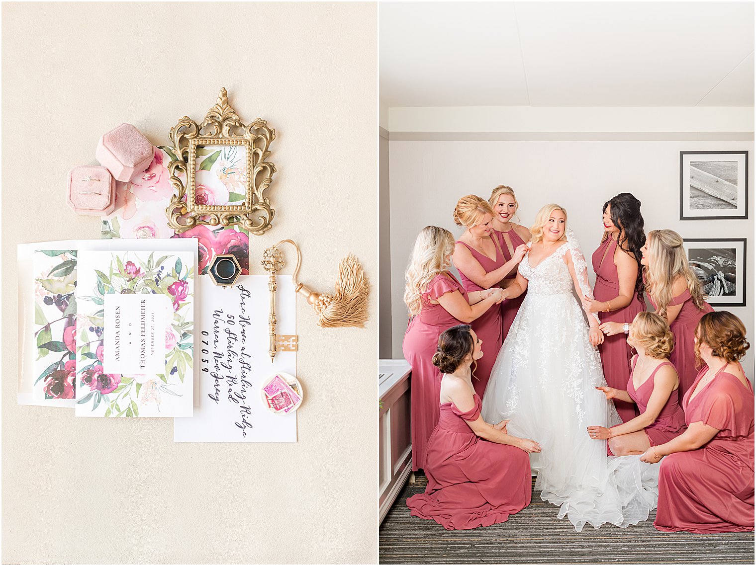 bridesmaids help bride with wedding gown at Stone House at Stirling Ridge