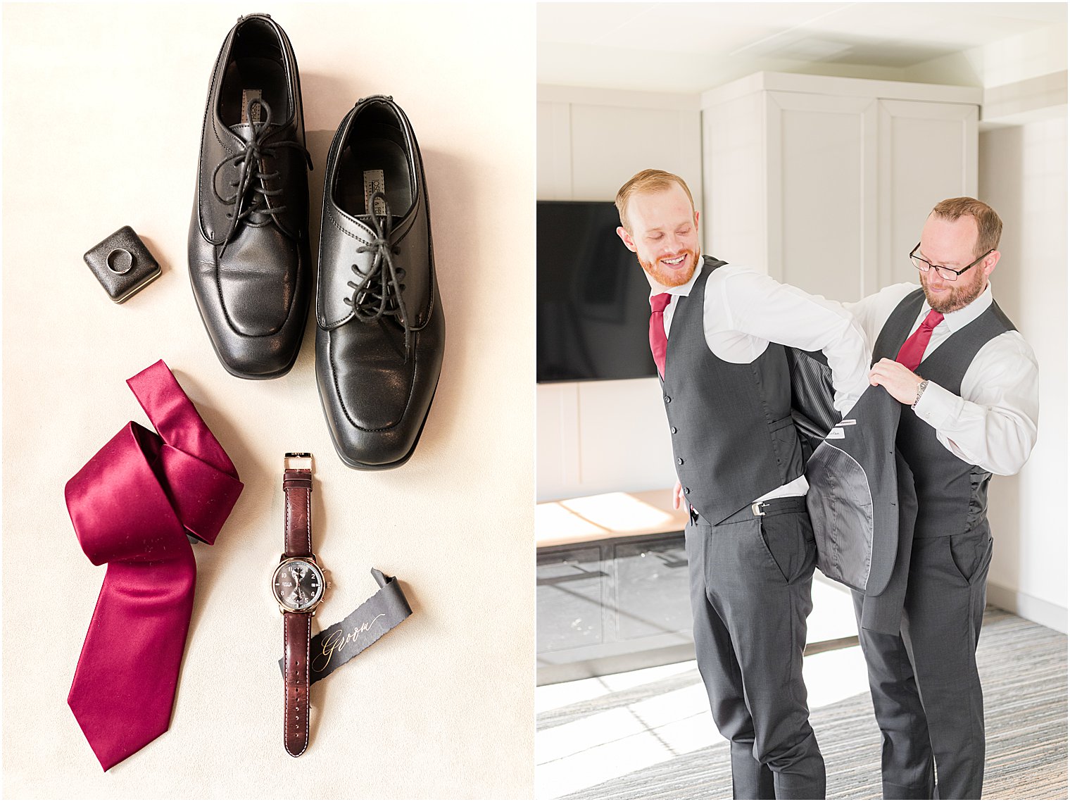 groom prepares for wedding day with groomsman