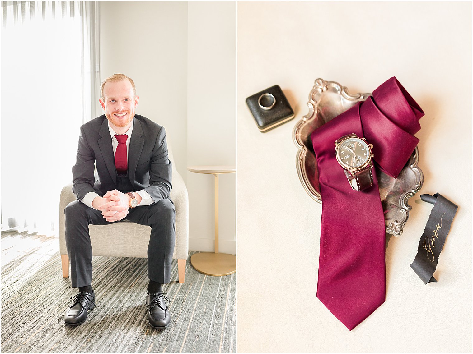 groom poses in grey suit with burgundy tie and watch