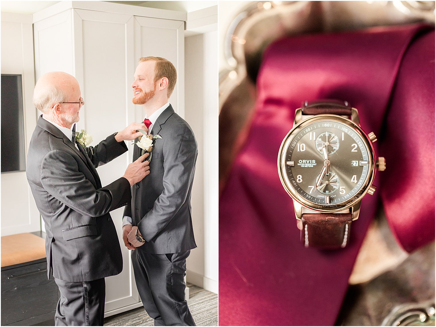 dad helps groom with boutonnière