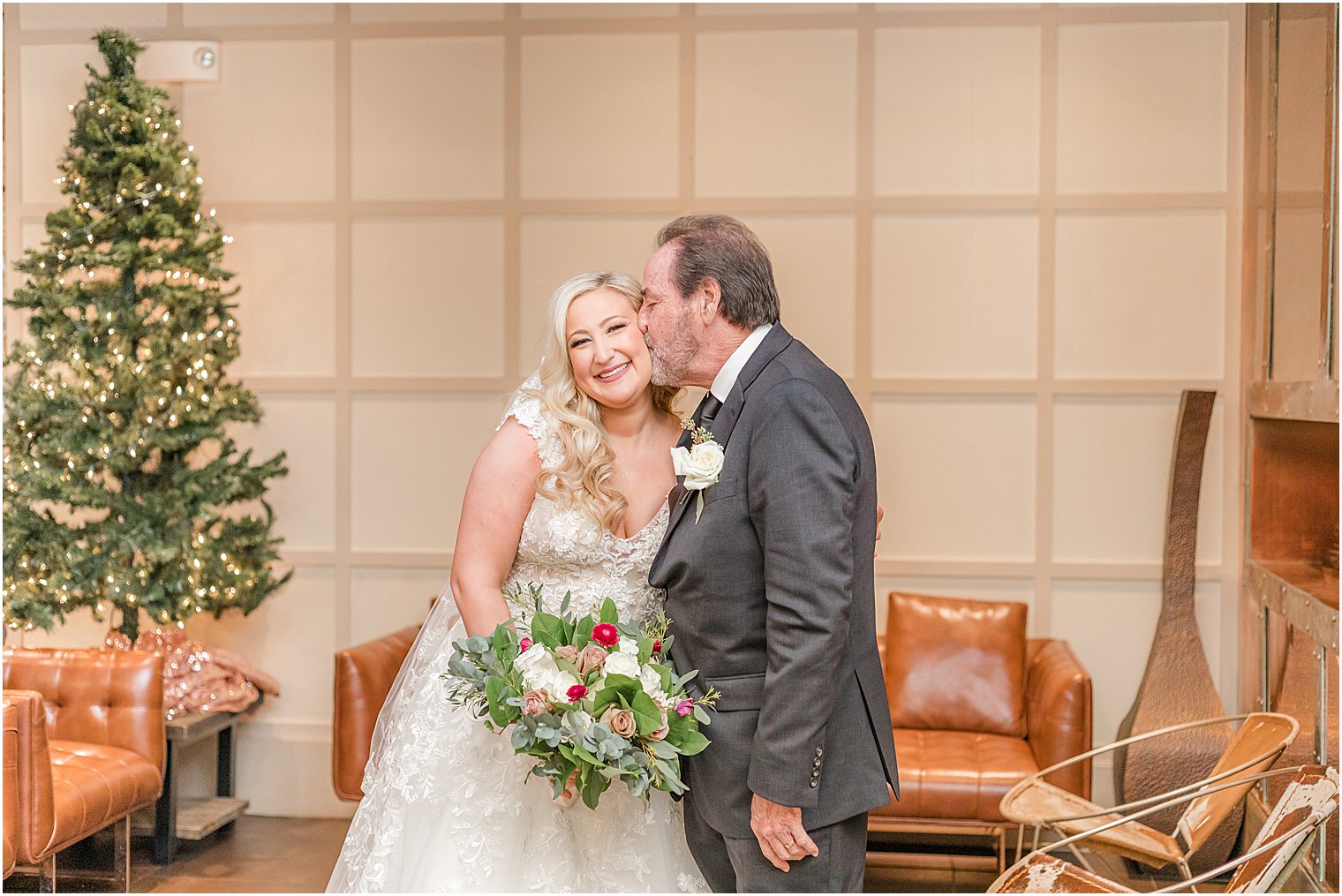 dad kisses daughter's forehead during Stone House at Stirling Ridge first look