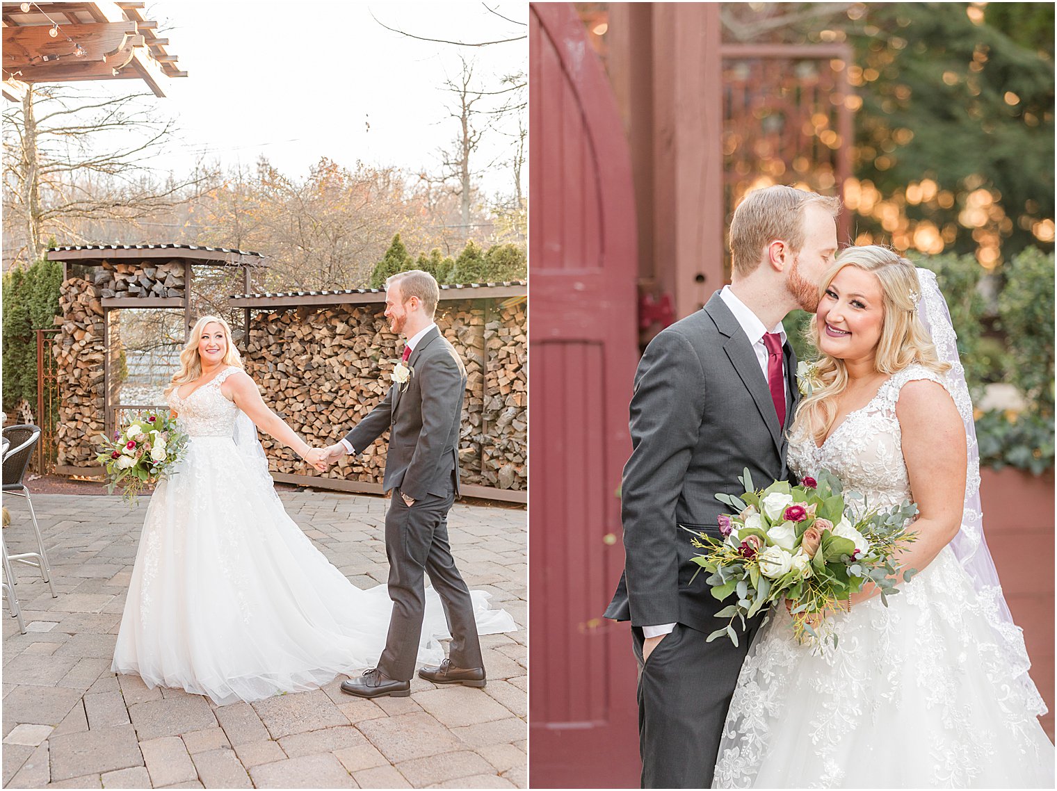 groom kisses bride's cheek during NJ wedding portraits 