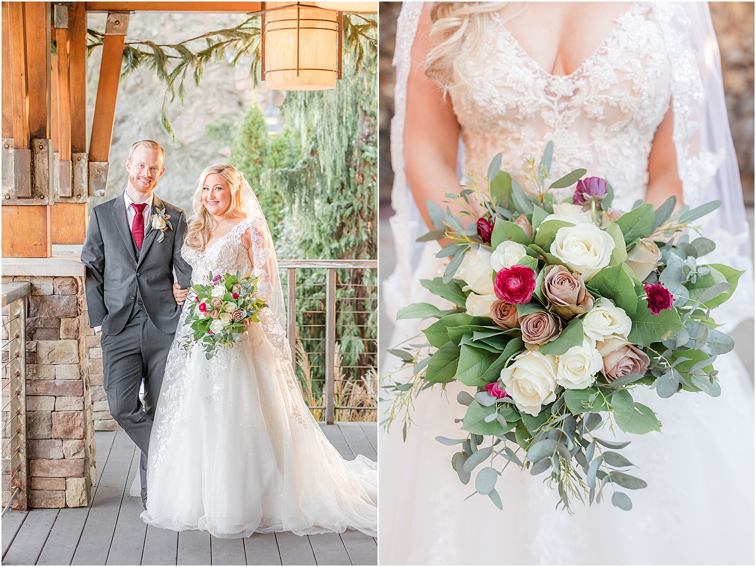 fall wedding portraits with bride's white and red bouquet