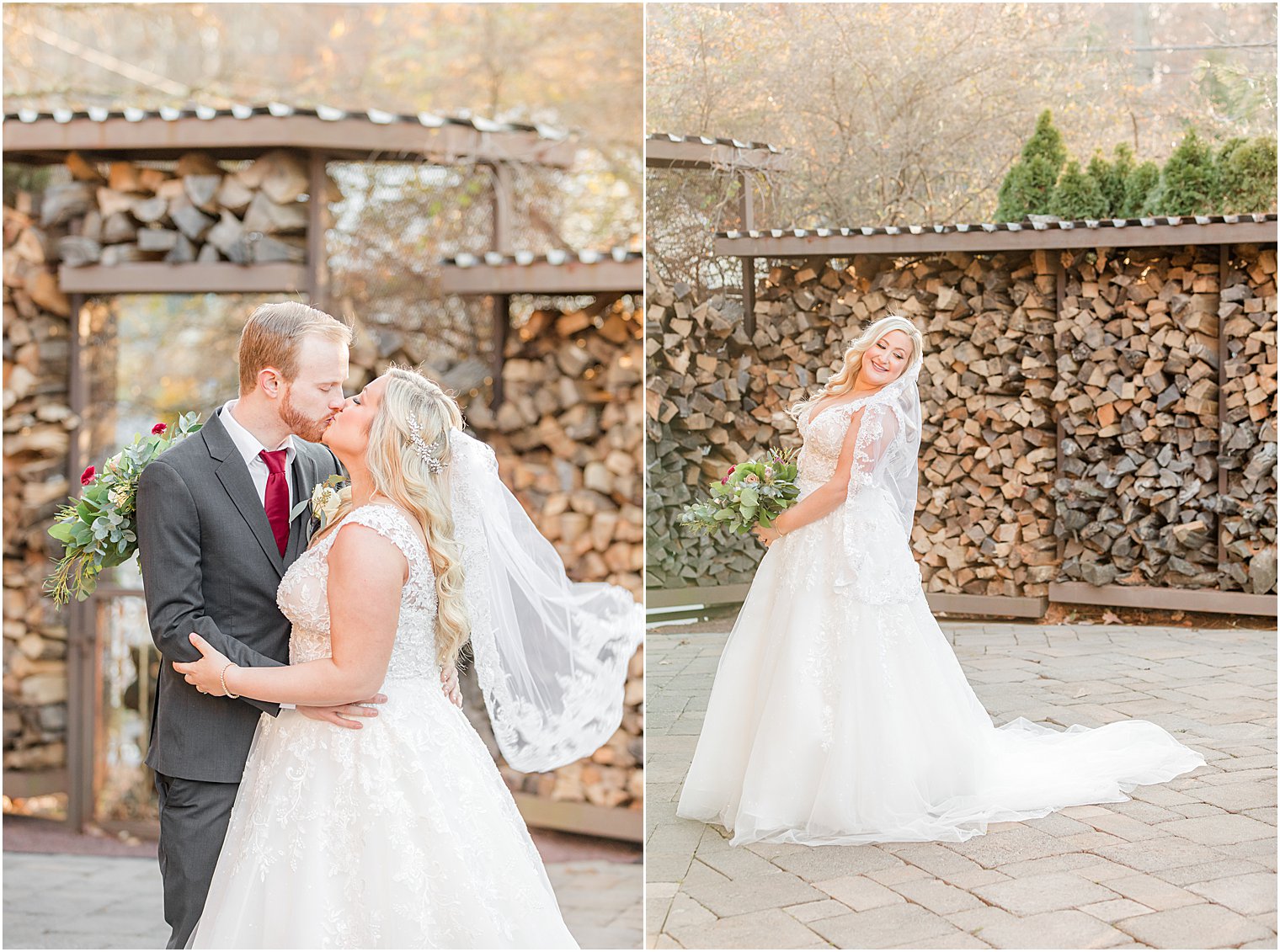 newlyweds kiss by wood pile at Stone House at Stirling Ridge