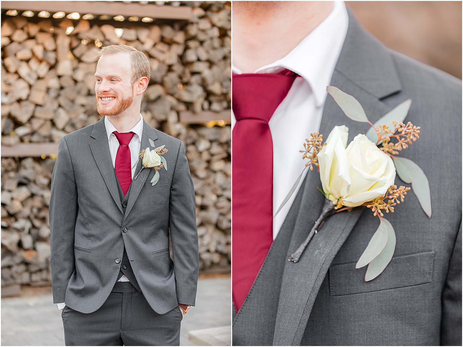 groom's grey suit and red tie for fall wedding