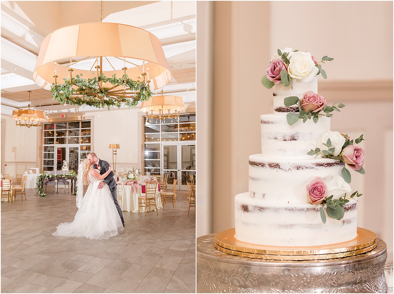 bride and groom dancing in empty ballroom at Stone House at Stirling Ridge