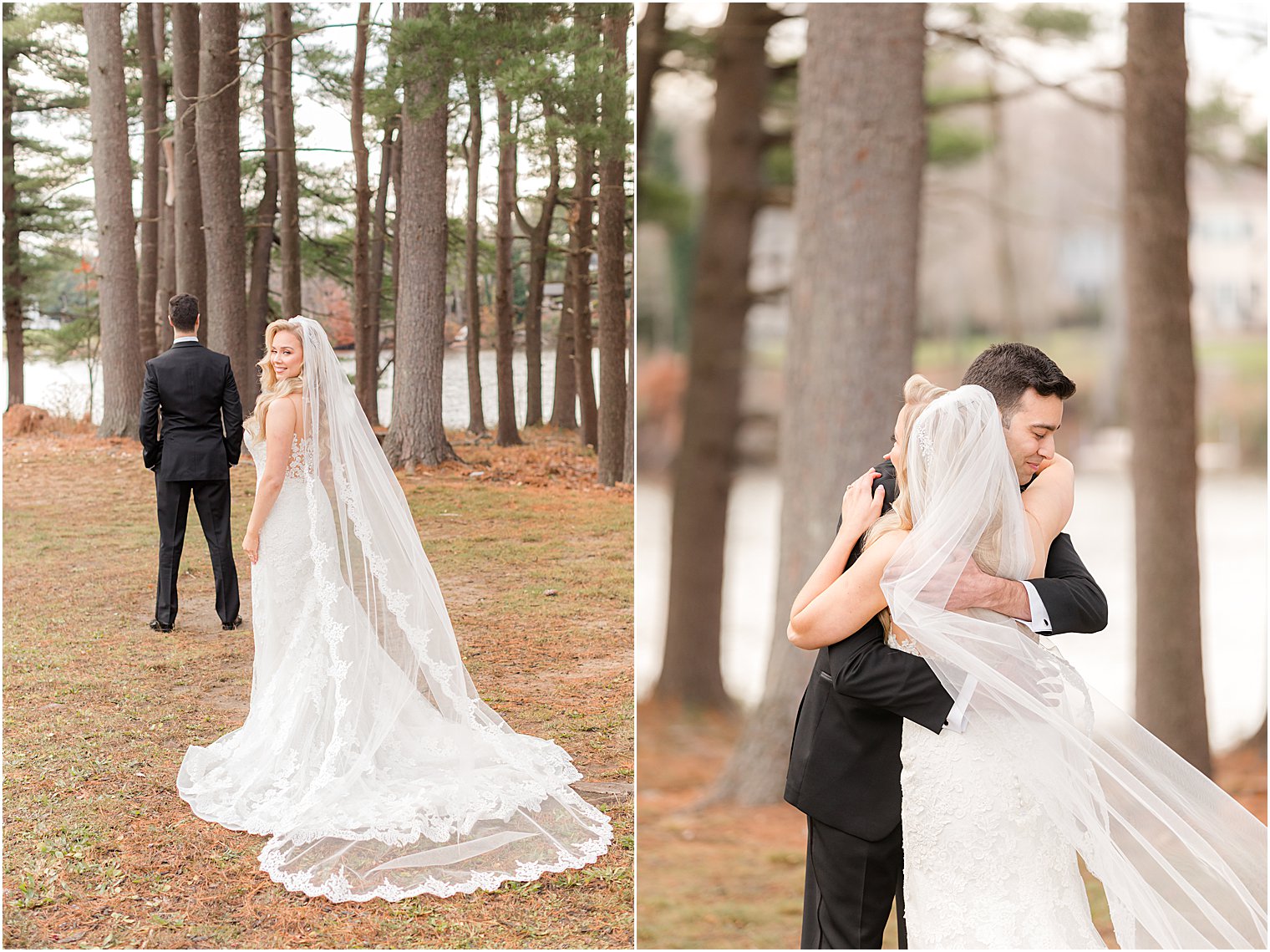 bride and groom have first look during winter wedding day
