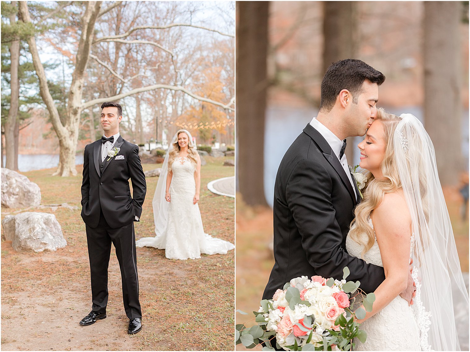 bride walks to groom for first look at The Estate at Farrington Lake