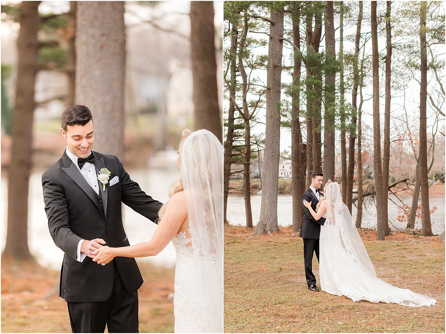 groom looks at bride during first look in the woods at the Estate at Farmington Lake