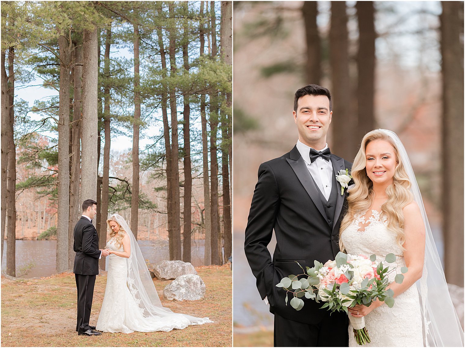 bride looks down at hands while groom looks at her dress during first look