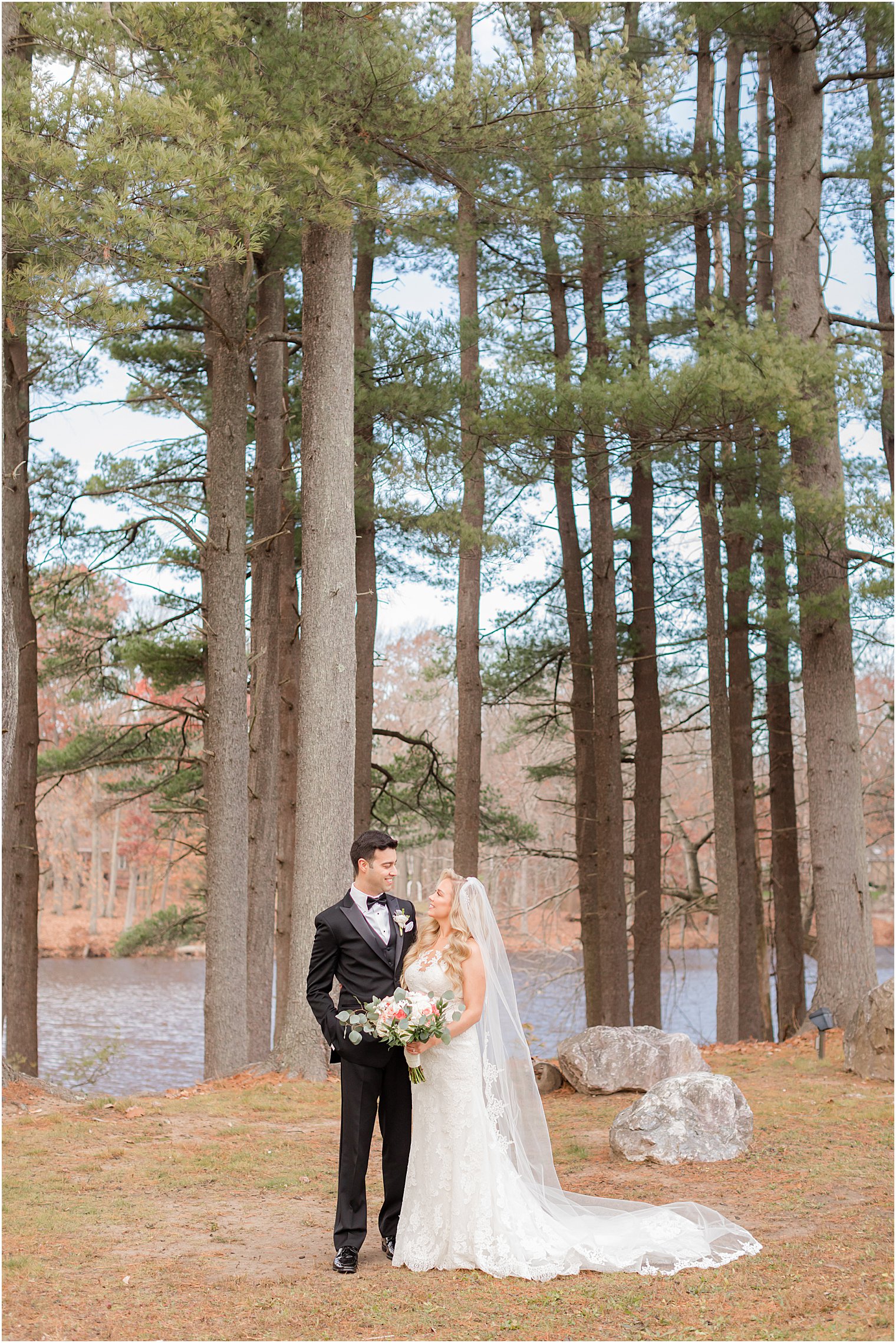 winter wedding portrait for couple in the woods at the Estate at Farmington Lake