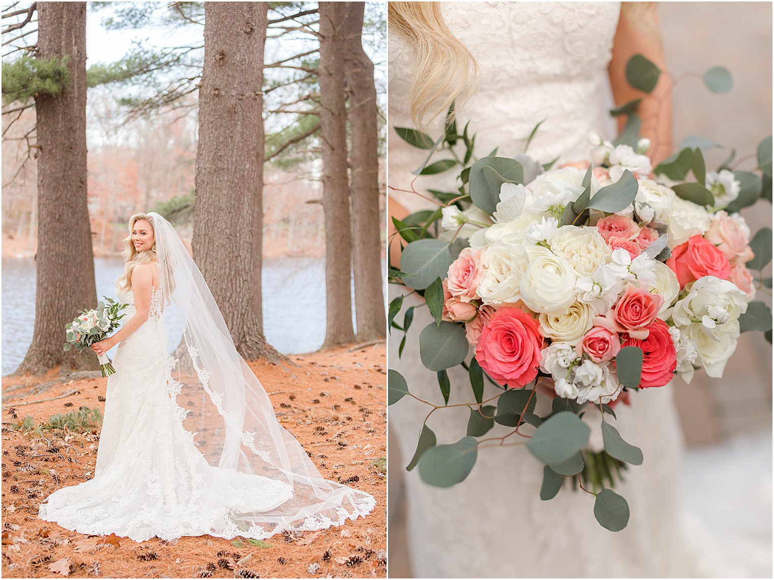 bride holds bouquet of white and pink flowers by hip with veil floating behind her