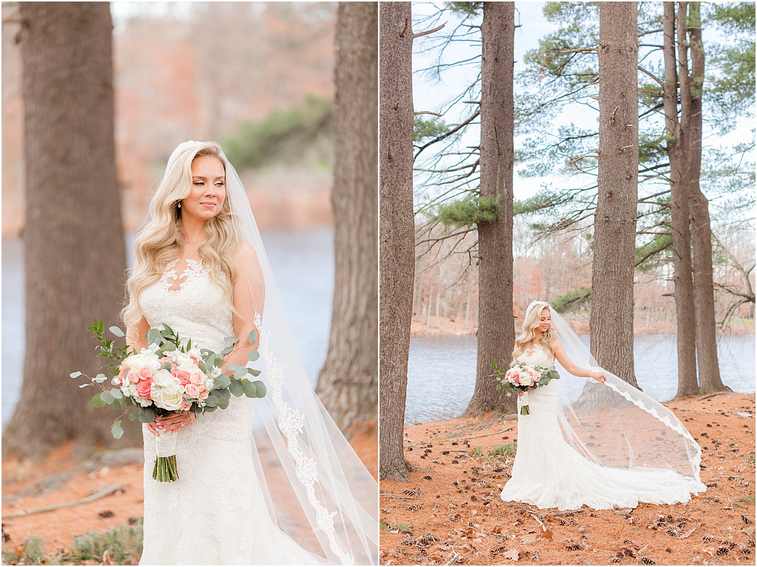 bride holds bouquet and veil behind her during winter bridal portraits 